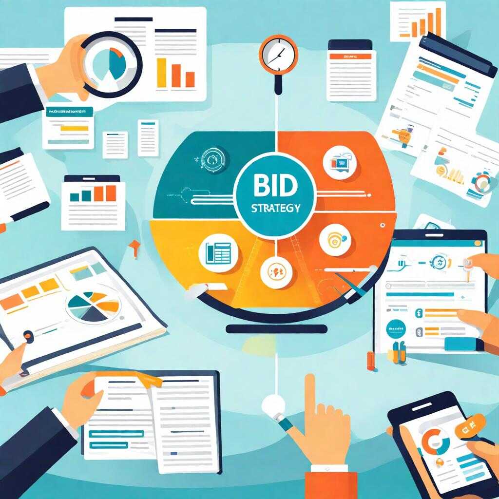 A vibrant image showcasing the dynamic world of digital advertising. Bid icons, performance metrics, and diverse digital platforms illustrate the importance of choosing the right bid strategy for CPA targets.